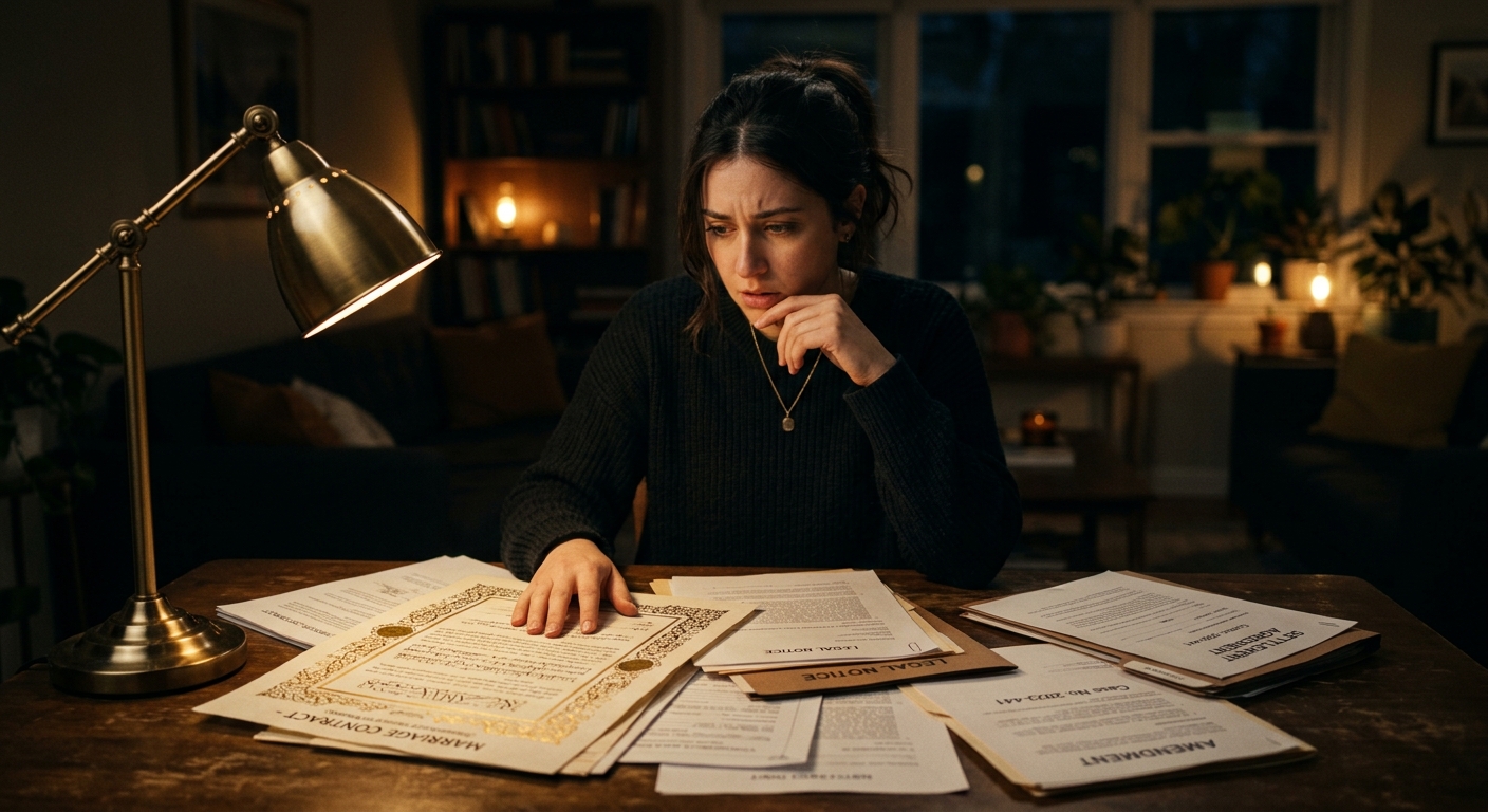 אישה מודאגת מעיינת במסמכים משפטיים ובהסכם נישואין בשעת לילה מאוחרת תחת אור מנורה